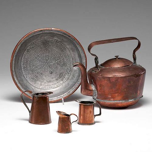 Cincinnati Copper Tea Kettle Signed by John Wolf, Sieve and Measures 
