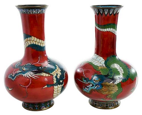 Near Pair of Red Cloisonne Figural Dragon Vases