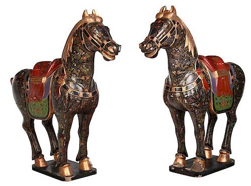 Large Pair Asian Carved Wood Horse Figures