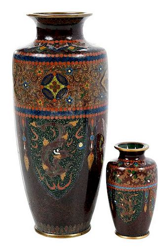 Two Japanese Cloisonne Vases with Gold Stone