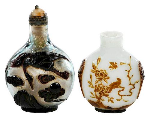 Two Double Overlay Chinese Carved Snuff Bottles
