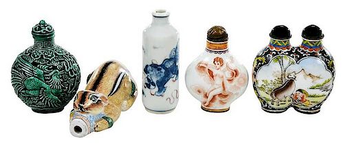 Five Earthenware Chinese Snuff Bottles