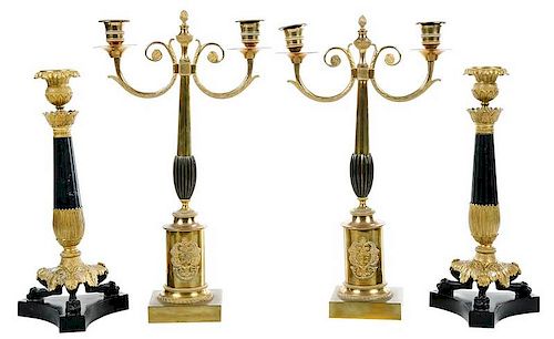 Two Pairs Empire Style Gilt Bronze Candlesticks