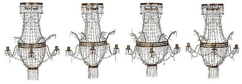 Four Brass and Crystal Wall Sconces