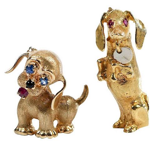 Two Retro Gold Dog Brooches
