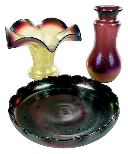 Three Pieces Loetz or Loetz Style Art Glass