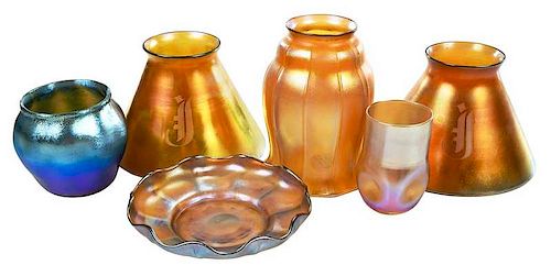 Six Pieces Iridescent Art Glass, Tiffany