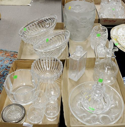 Four boxes of glass and crystal perfume bottles with two nude figures, leaf dish, frosted vase with putti busts, two crystal oval bowls, vases, etched
