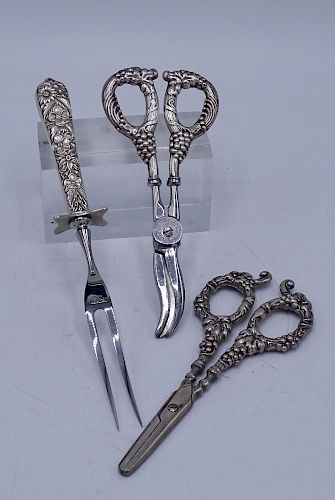 2 STERLING SILVER HANDLED GRAPE SHEARS & REPOUSSE MEAT FORK 