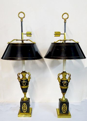 PR. BRONZE FIGURAL BOUILLOTTE LAMPS WITH TOLE SHADES 