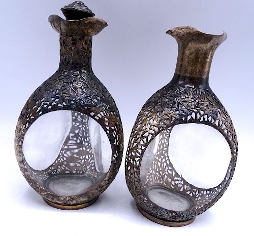 2 CHINESE SILVER OVERLAY PINCH BOTTLE DECANTERS