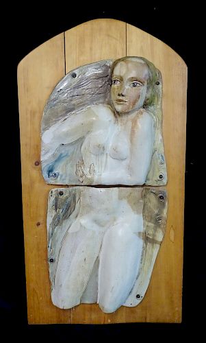 MID CENTURY CERAMIC RELIEF ON WOOD "WOMAN" SGN.