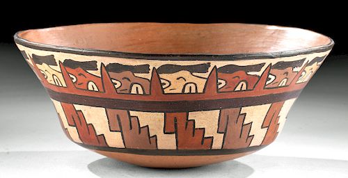 Nazca Polychrome Dish with Trophy Heads & Pyramid Steps