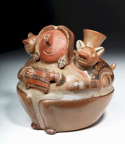 Very Fine Recuay Pottery Jar - Happy Figure & Jaguars
