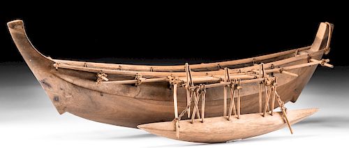 Late 19th C. Nukuoro Atoll Wooden Outrigger Canoe Model