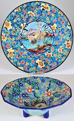 19th C Longwy Platter & Flared Footed Bowl