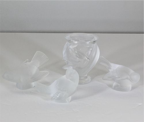 (4) Lalique Frosted Crystal Doves and Vase