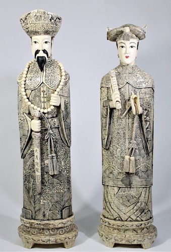 Pair of Large Chinese Carved Bone Dignitaries