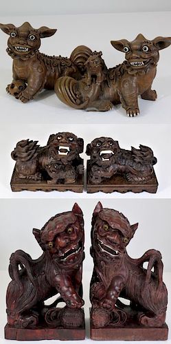 3 Pairs of Terracotta & Wooden Foo Dogs
