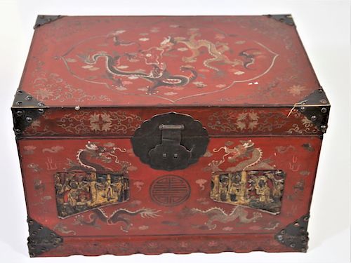 19th C Chinese Polychrome Lacquered Trunk