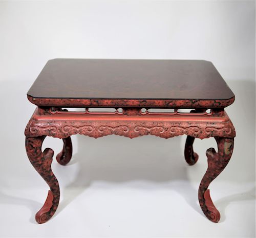 Qing Dynasty Red Lacquer & Glass Top Table