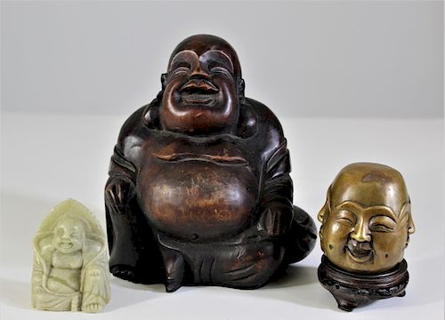 (3) Buddha Sculptures - Bronze, Wood & Stone