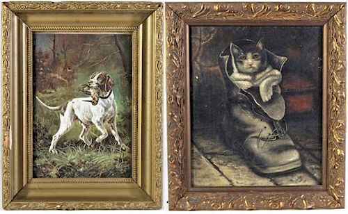 19th C. Dog Print and Cat Painting