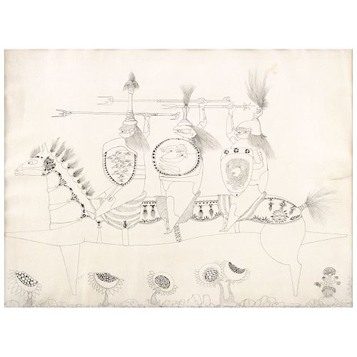 GUILLERMO SILVA SANTAMARIA, Sin título, Firmada y fechada Pondicherry 1973, Tinta y lápiz de grafito sobre papel. 53 x 73 cm