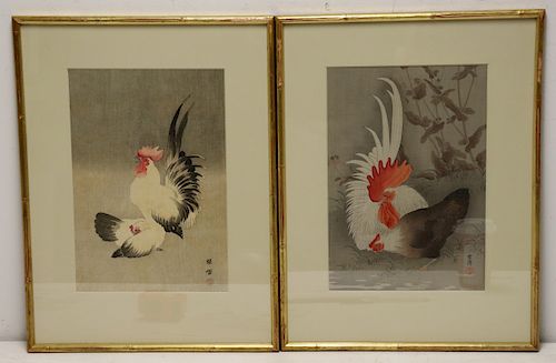 BAREI.  2 Signed Woodblock Prints, Roosters.