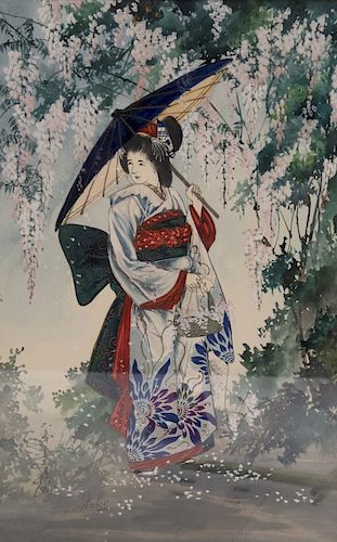 T. Aoki. Signed Watercolor Japanese Girl With