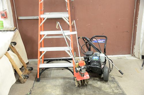 Three piece lot to include Honda/Excell 2400 psi power sprayer, 10 foot fiberglass step ladder, and small rototiller. 