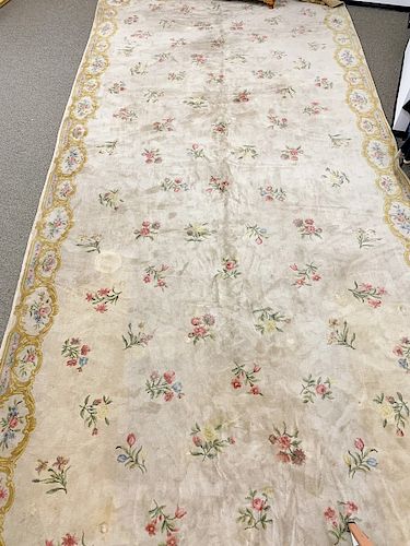 French Aubusson style custom carpet, marked "Made in France". 15' x 35' 6".