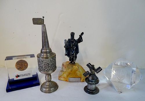 4 PCS. JUDAICA INC. SPICE BOX, PAPER WEIGHT, & MOSES 