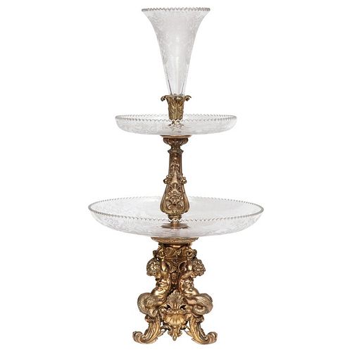 A Large French Silvered Bronze & Cut Crystal Allegorical Three-Tier Centerpiece