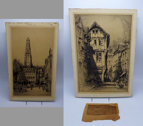 FRENCH (2) SGN. ETCHINGS: STREET SCENE & CATHEDRAL 12.5X11.5"