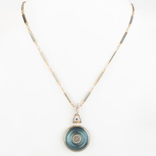 Guilloche Enamel, Diamond and Gold Pendant Watch Necklace