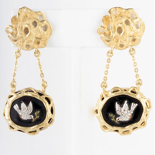 Pair of 18k Gold, Onyx and Micro Mosaic Earrings