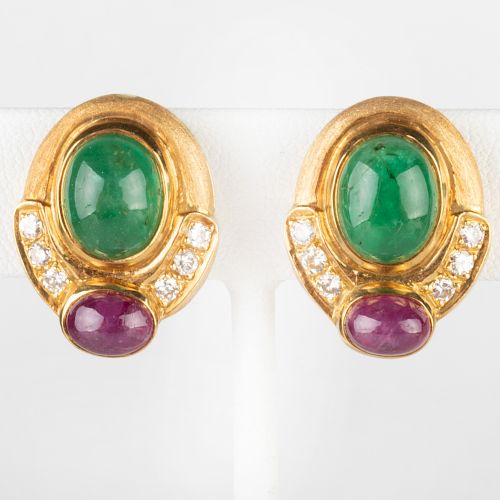 Pair of 18k Gold, Diamond, Cabochon Ruby and Emerald Earclips