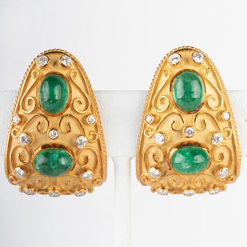 Pair of 18k Gold, Diamond and Cabochon Emerald Earclips
