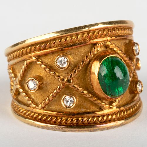 18k Gold, Diamond and Cabochon Emerald Ring