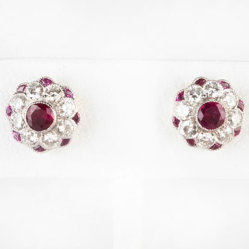 Pair of 18k Gold, Ruby and Diamond Studs