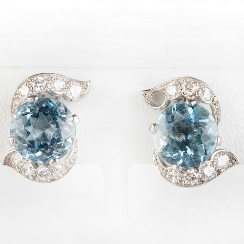 Pair of 14k White Gold and Aquamarine Earclips