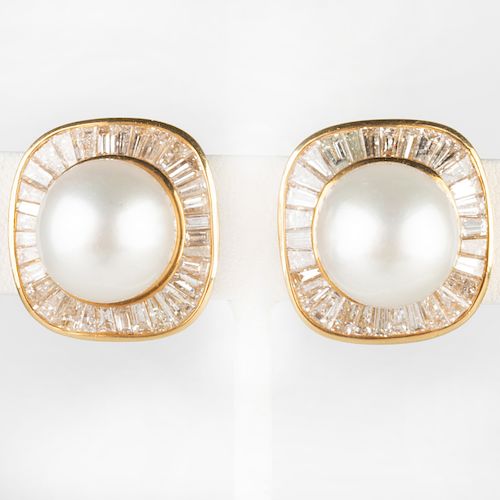 Pair of 18k Gold, Diamond and South Sea Cultured Pearl Earclips