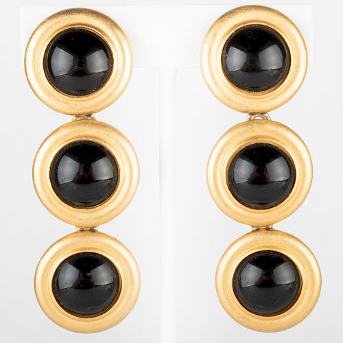 Pair of Gold Tone and Black Stone Drop Earclips