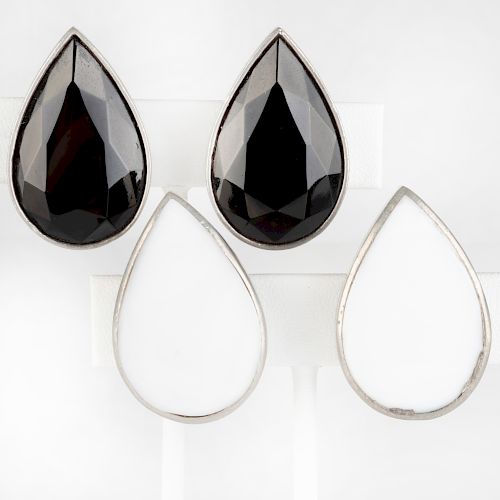 Two Pairs of Tess Design Silver, Black Crystal and White Stone Earclips