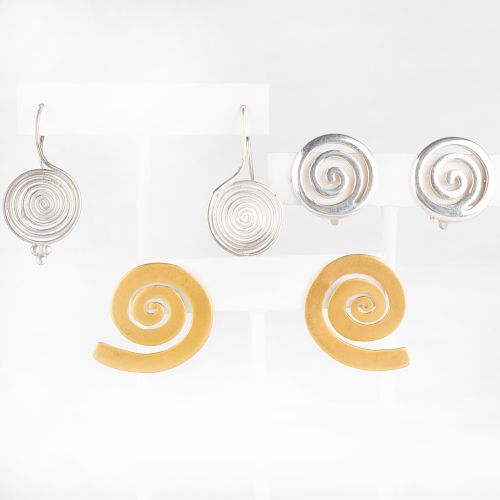 Three Pairs of Silver Spiral Disk Earrings
