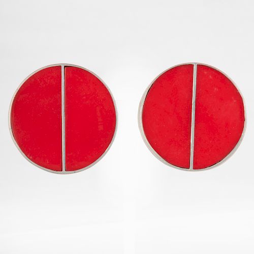 Pair of Contemporary Silvered Metal and Red Plastic Earclips