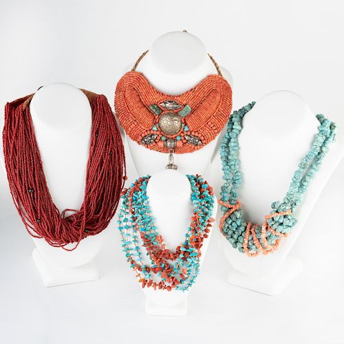 Three Multi Strand Turquoise and Coral Beaded Necklaces and a Turquoise, Coral and Silver Bib Necklace