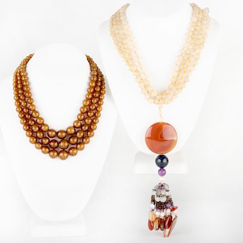 Jehanne de Biolley Multi Strand Beaded Pendant Tassel Necklace and a Christian Dior Multi Strand Beaded Necklace