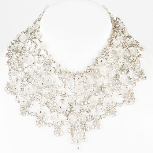 Fringe Necklace with Floral Beading, Pearls and Crystals